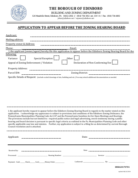First page of the Application to Appear Before the Zoning Hearing Board