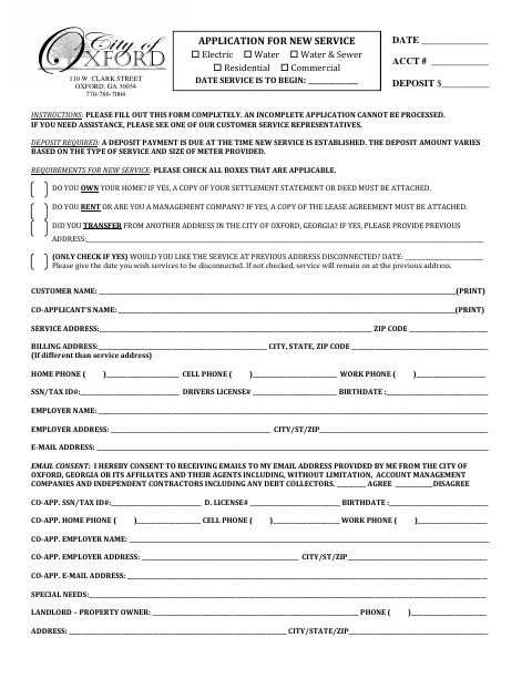 First page of the Utility Service Application