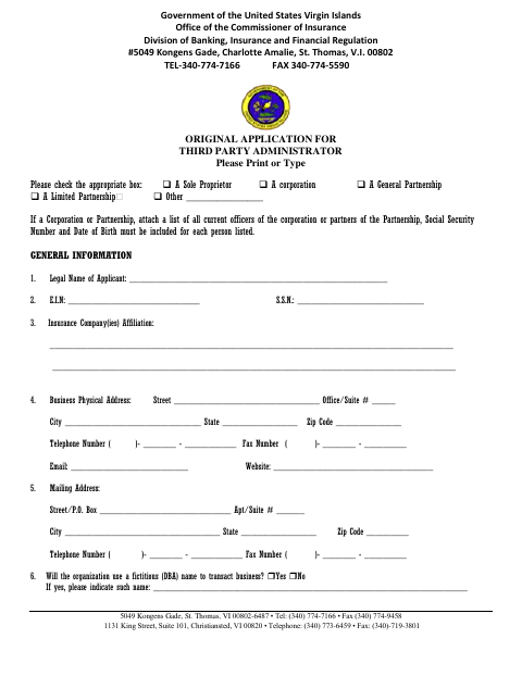 First page of the Original Application for Third Party Administrator