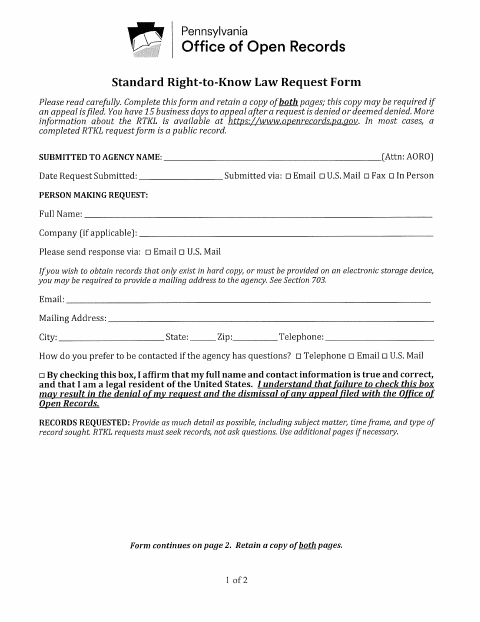 First page of the Right-to-Know Law Request Form