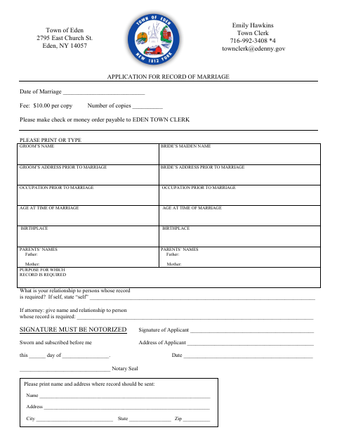 First page of the Application for Record of Marriage