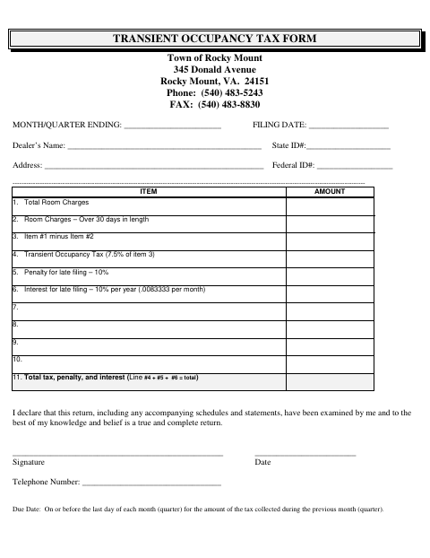 First page of the Transient Occupancy Tax Form