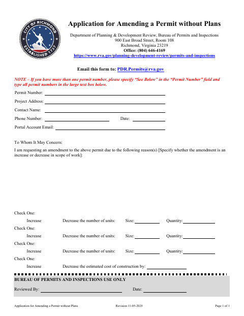First page of the Application for Amending a Permit Without Plans