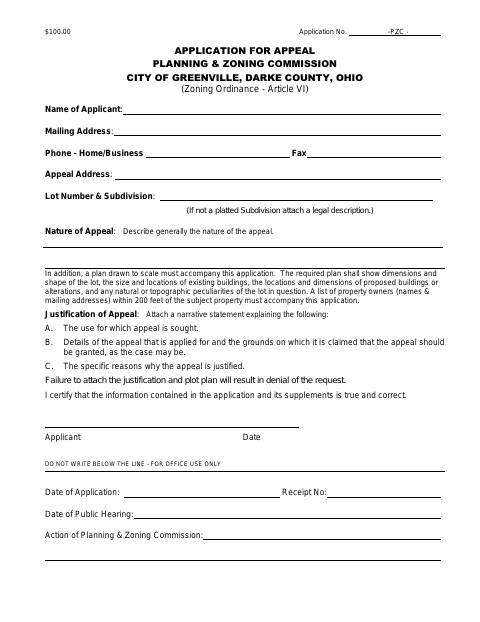 First page of the Application for Appeal – Planning & Zoning Commission