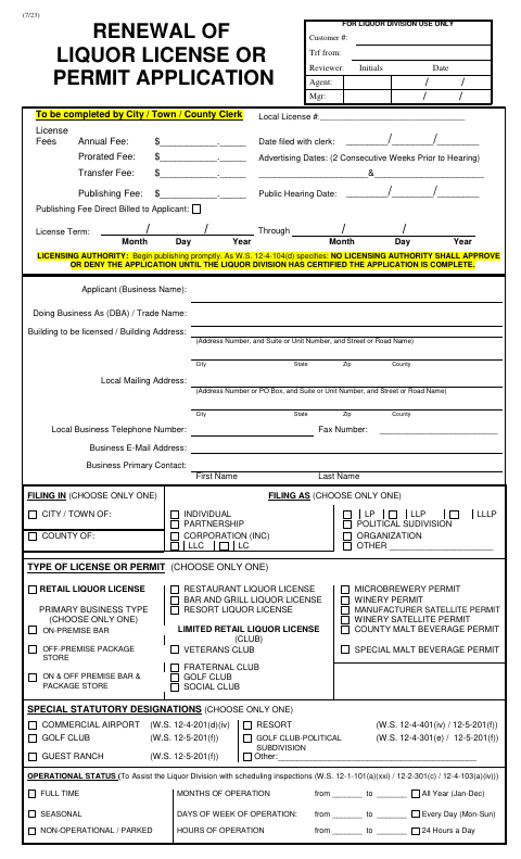 First page of the Renewal of Liquor License or Permit Application