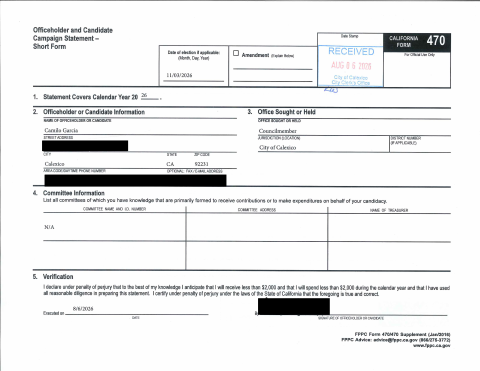 First page of the Officeholder and Candidate Campaign Statement – Short Form