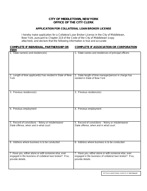 First page of the Collateral Loan Broker License Application