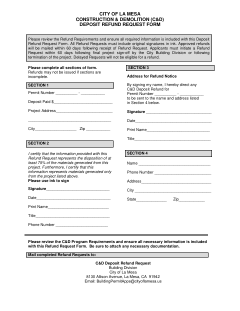 First page of the Construction & Demolition Deposit Refund Request Form