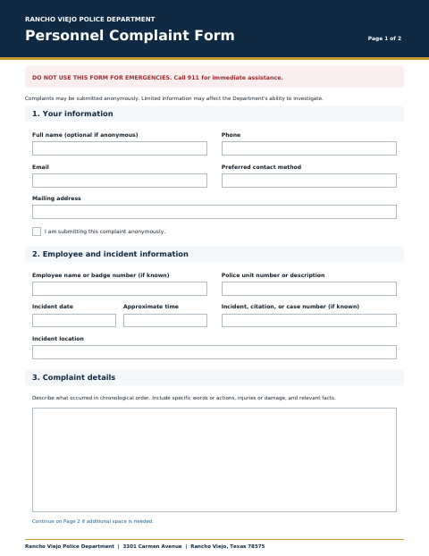 First page of the Personnel Complaint Form