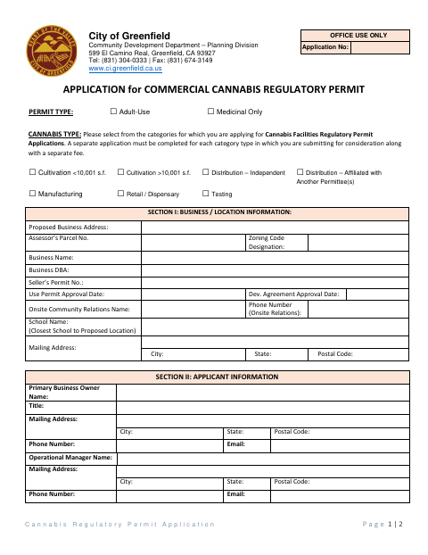 First page of the Application for Commercial Cannabis Regulatory Permit