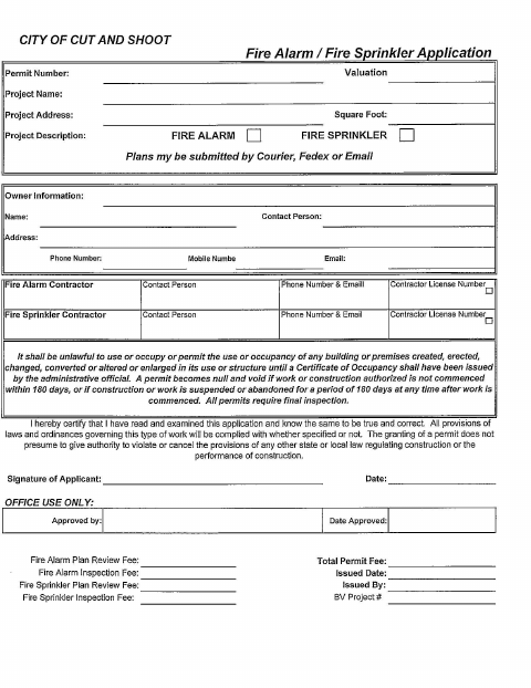 First page of the Fire Alarm / Fire Sprinkler Permit Application