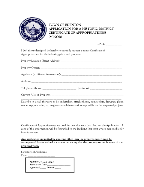 First page of the Application for a Historic District Certificate of Appropriateness (Minor)