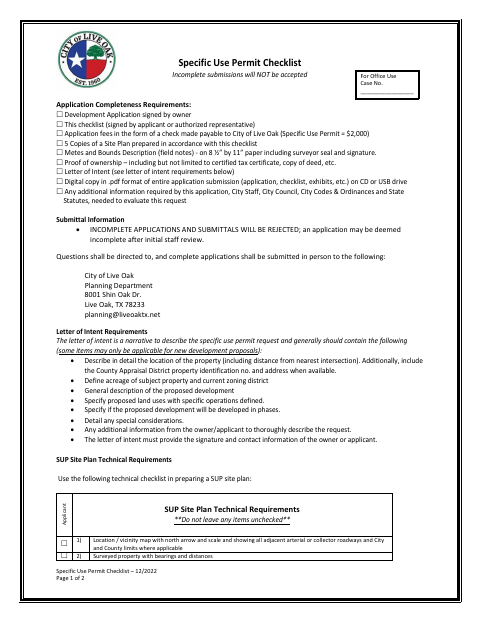 First page of the Specific Use Permit Checklist