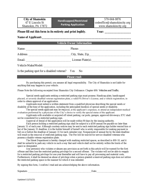First page of the Handicapped / Restricted Parking Application