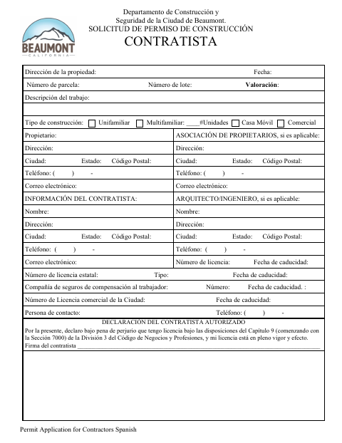 First page of the Contractor Building Permit Application (Spanish)