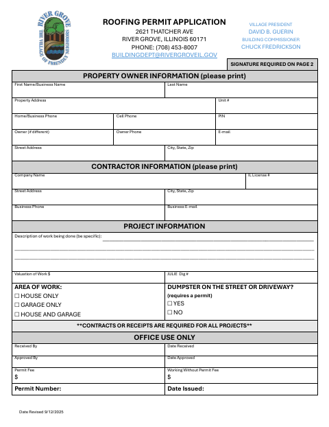 First page of the Roofing Permit Application