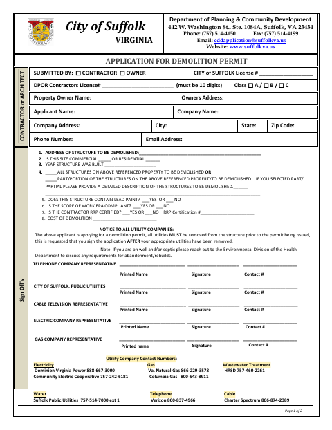 First page of the Application for Demolition Permit With Signoffs