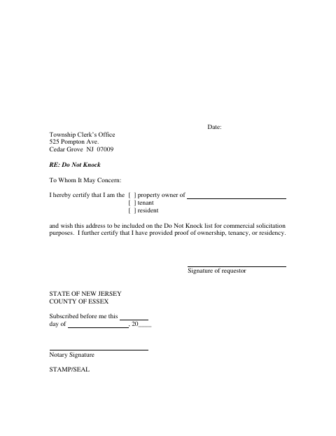 First page of the Do Not Knock Request