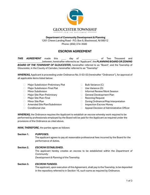 First page of the Escrow Agreement