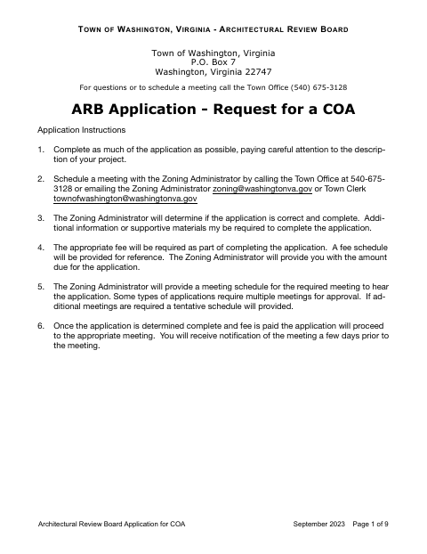 First page of the Architectural Review Board Application for Certificate of Appropriateness