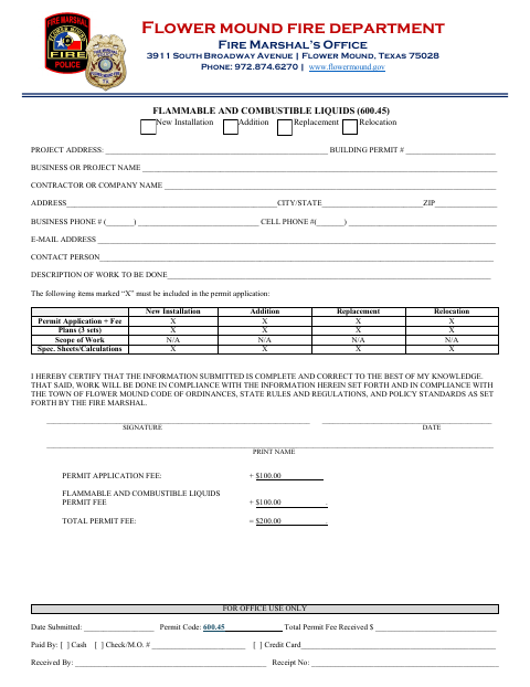 First page of the Flammable and Combustible Liquids Permit Application