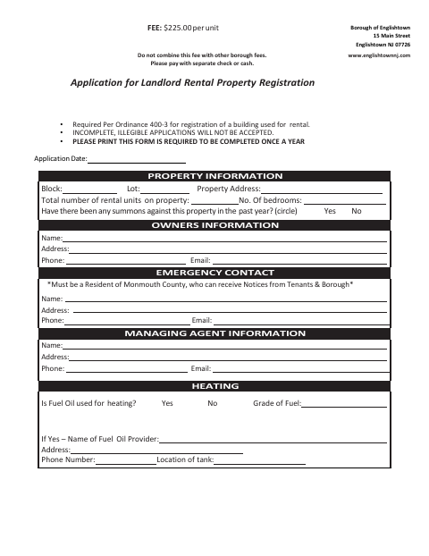 First page of the Landlord Rental Property Registration Application