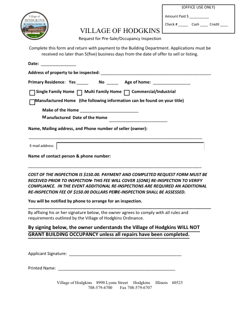 First page of the Request for Pre-Sale/Occupancy Inspection