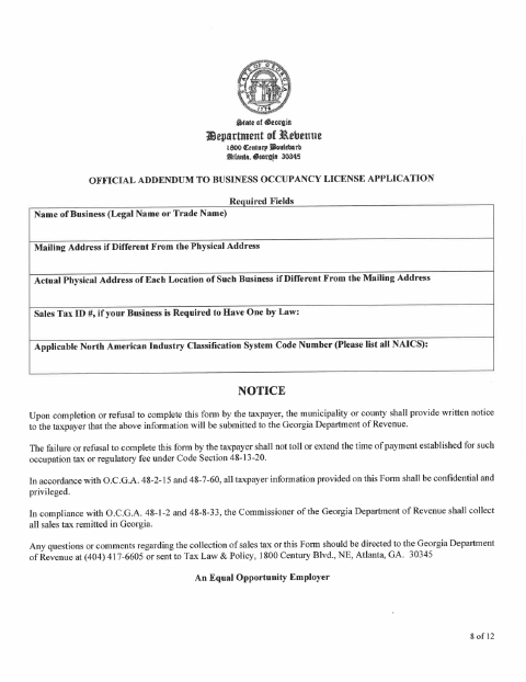 First page of the Department of Revenue Official Addendum