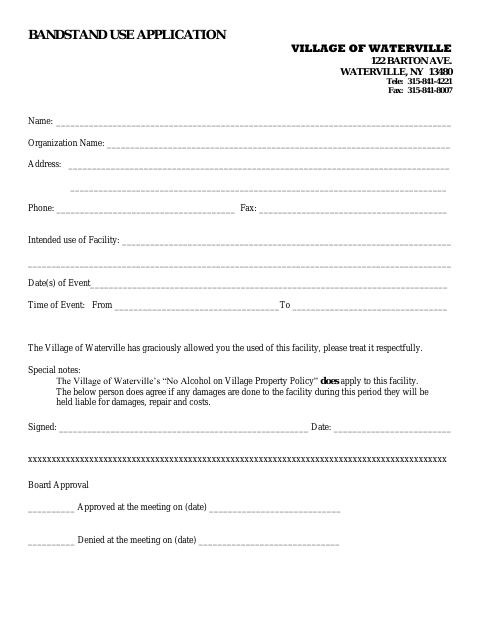 First page of the Bandstand Use Application