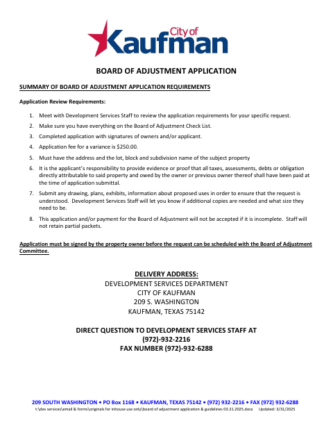First page of the Board of Adjustment Application