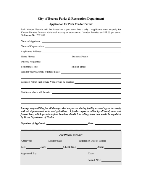 First page of the Application for Park Vendor Permit