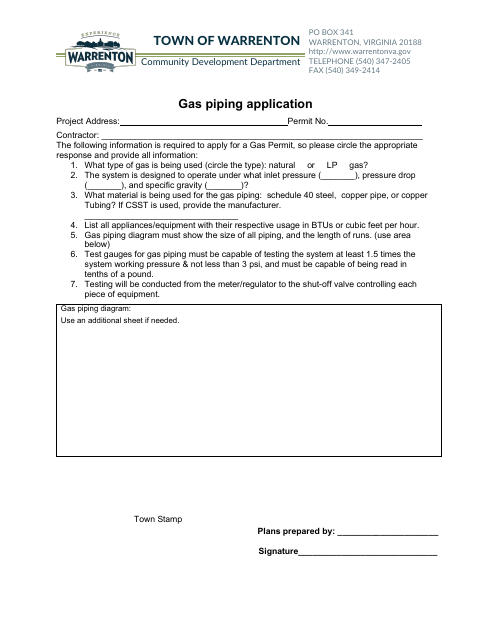 First page of the Gas Piping Application
