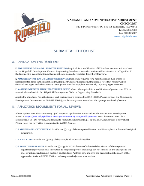 First page of the Variance and Administrative Adjustment Checklist