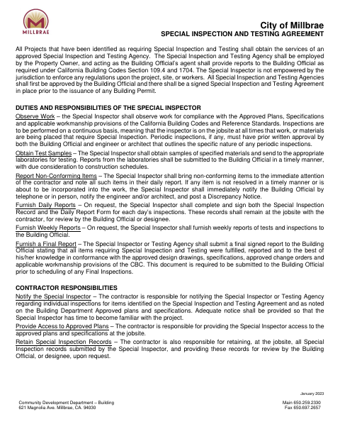 First page of the Special Inspection and Testing Agreement