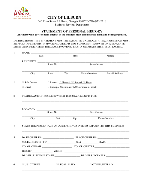 First page of the Statement of Personal History