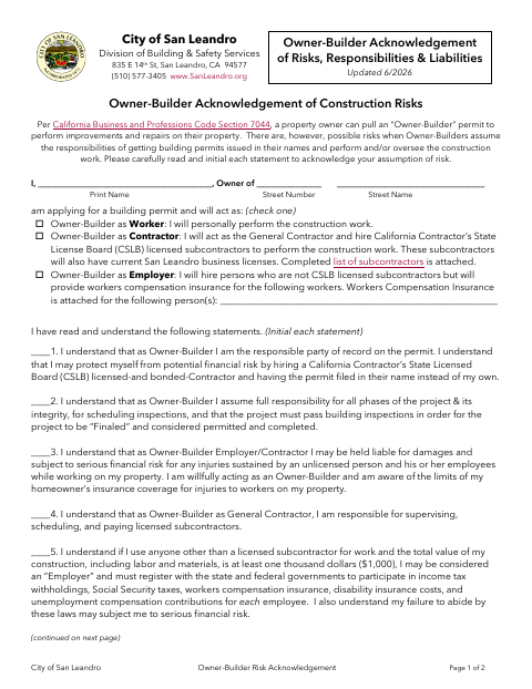 First page of the Owner-Builder Acknowledgement of Risks, Responsibilities & Liabilities
