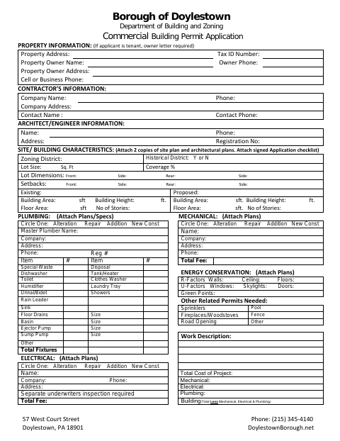 First page of the Commercial Building Permit Application