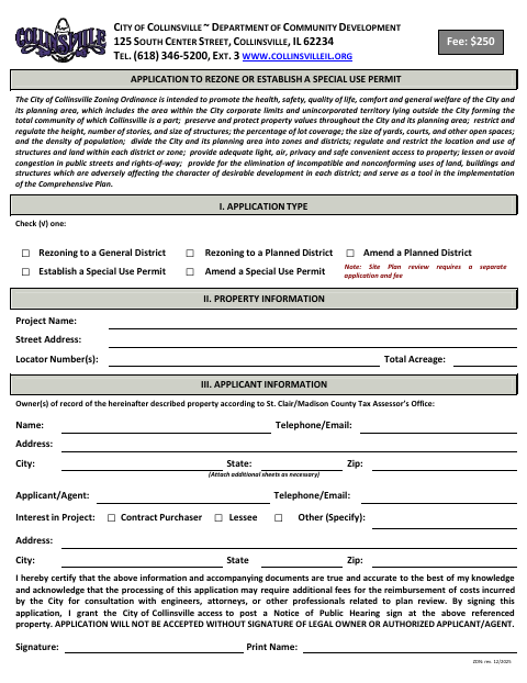 First page of the Application to Rezone or Establish a Special Use Permit