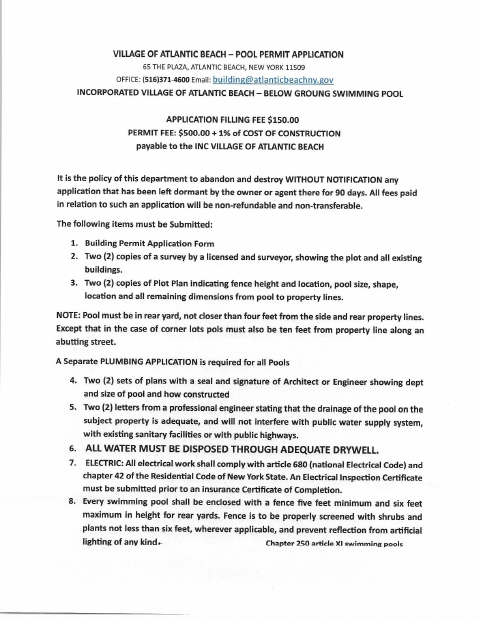 First page of the Below-Ground Swimming Pool Permit Application