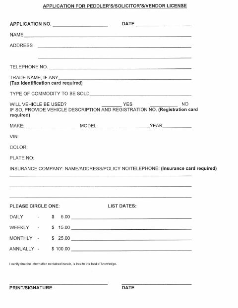First page of the Peddler / Solicitor / Vendor License Application
