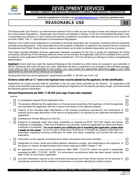 First page of the Reasonable Use Permit Intake Checklist