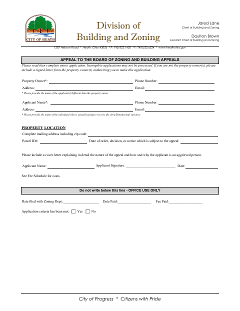 First page of the Appeal to the Board of Zoning and Building Appeals