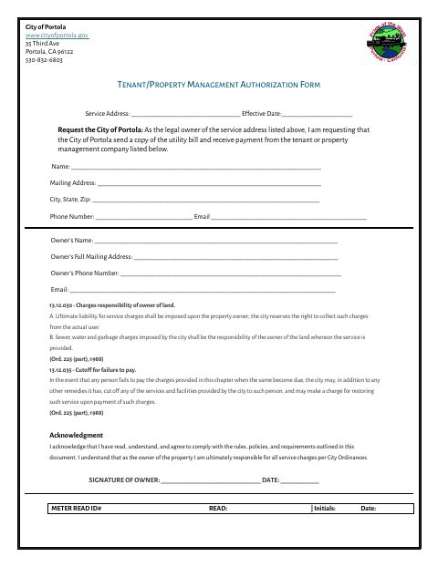 First page of the Tenant/Property Management Authorization Form