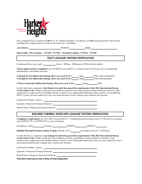 First page of the Duct Leakage Affidavit Form