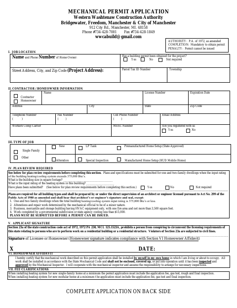 First page of the Mechanical Permit Application