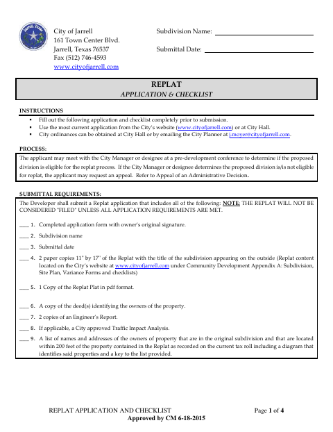 First page of the Replat Application and Checklist