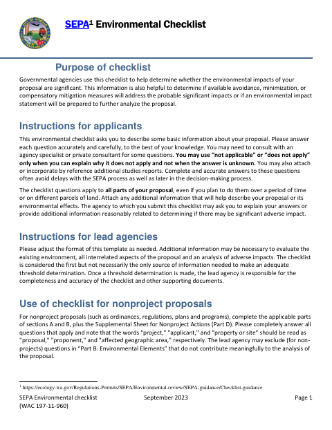 First page of the SEPA Environmental Checklist