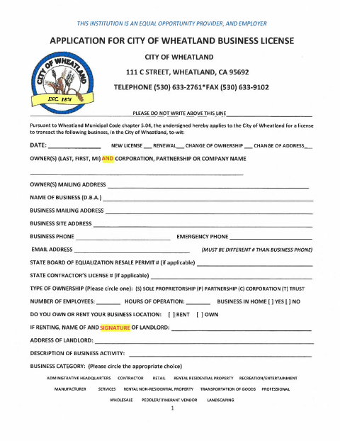 First page of the Business License Application