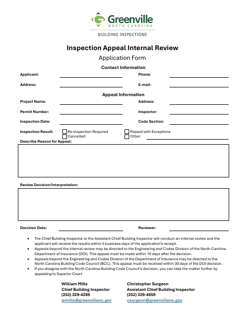 First page of the Inspection Appeal Internal Review Application Form