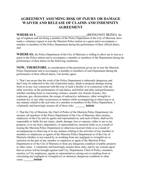 First page of the Police Station Tour Waiver and Release Agreement